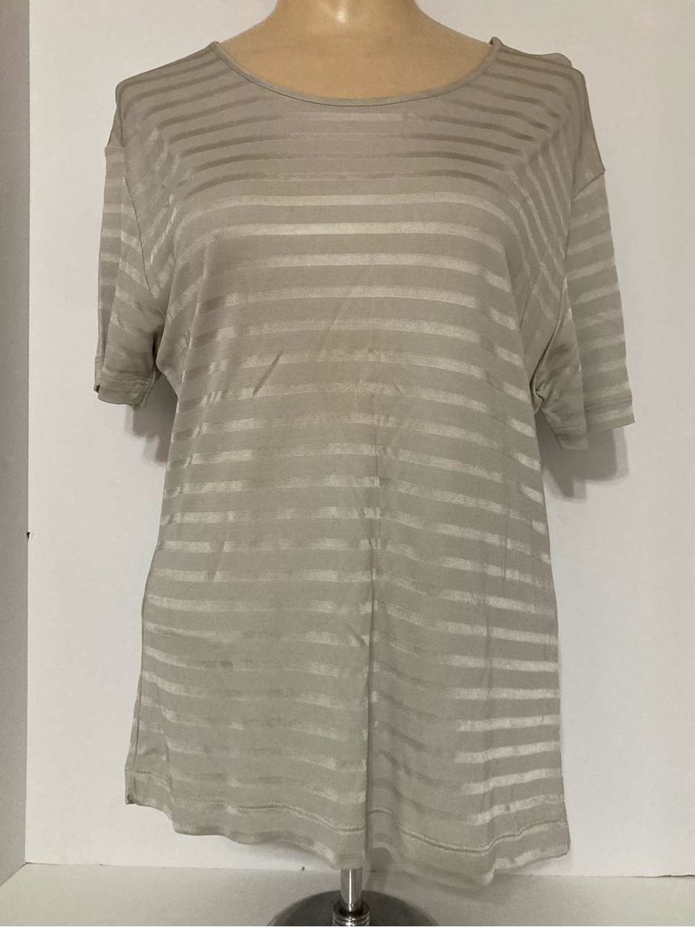Silver w/ Subtle Sheer Stripes, Short Sleeve Blouse. Item# SSct31